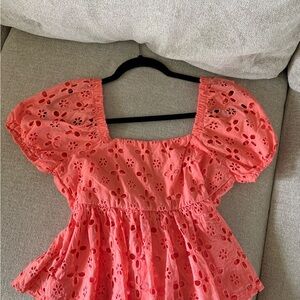 Trixxi Coral Eyelet Puff Sleeve Peplum Top